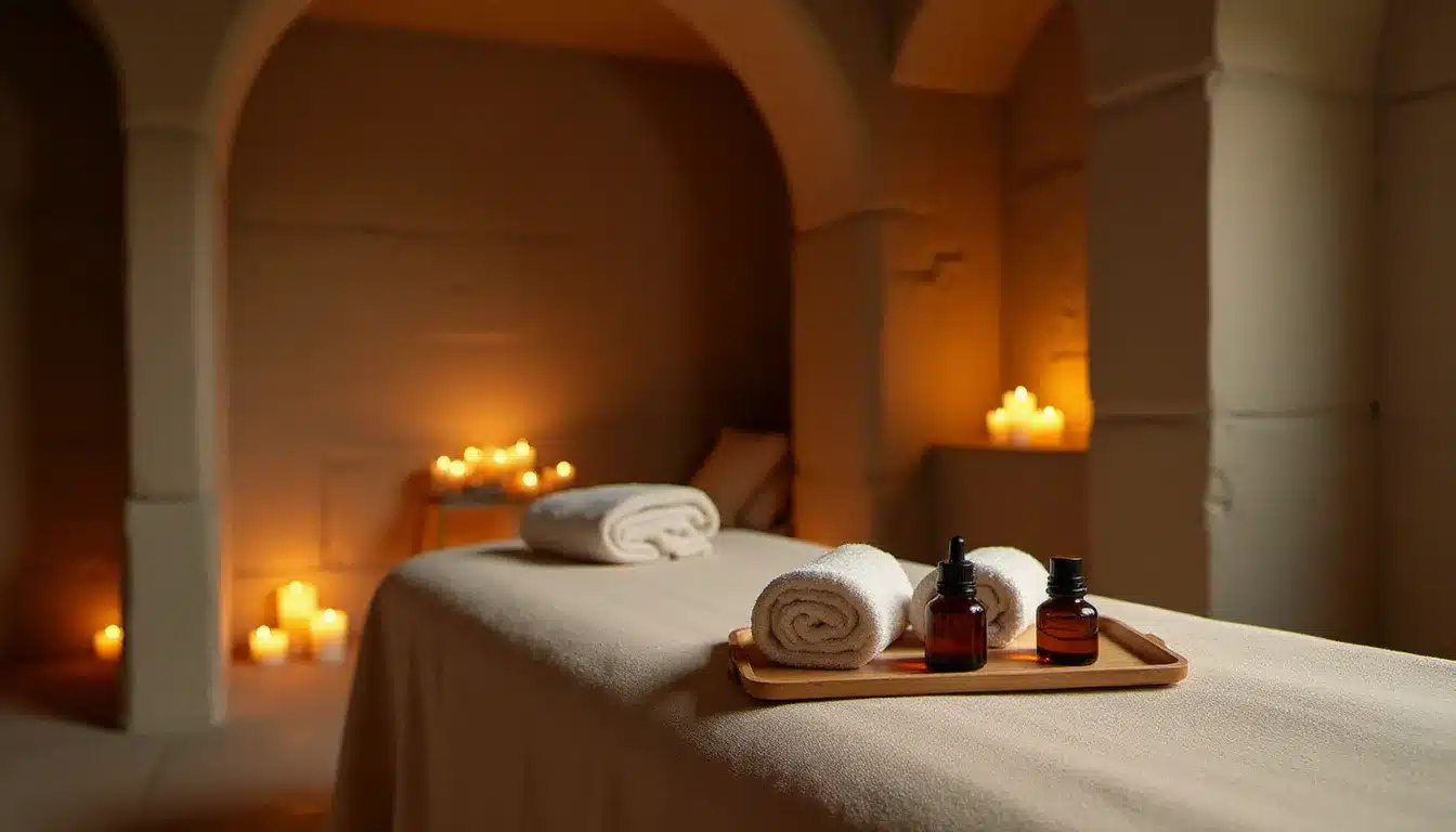 Salle de soin vide et apaisante d'un spa dans un hôtel adult only boutique, éclairée à la bougie, illustrant l'atmosphère premium de ce type d'établissement