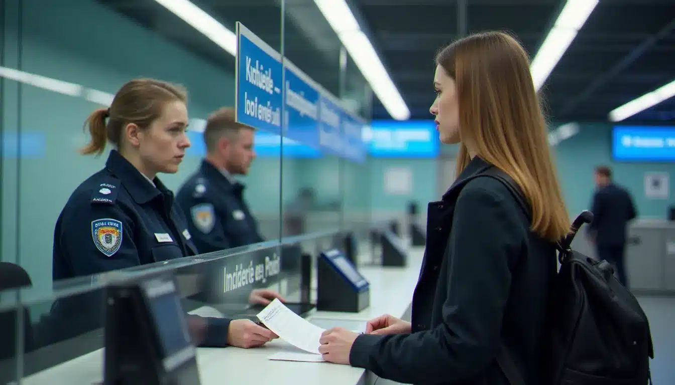 Voyageuse déposant une plainte au guichet d'accueil d'un commissariat français, illustrant les démarches pratiques à effectuer à l'hôtel de police en cas de vol ou de perte de documents
