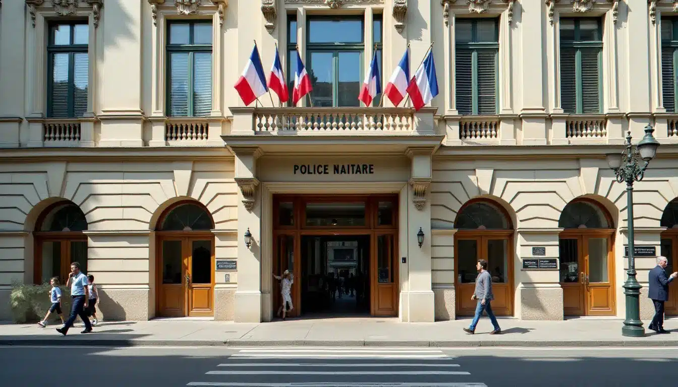 Façade de l'hôtel de police d'une grande ville française avec drapeaux tricolores, illustrant la question pourquoi hôtel de police et son architecture institutionnelle caractéristique