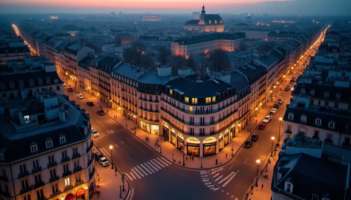 Vue aérienne d'un centre-ville français avec l'hôtel de ville entouré de rues piétonnes, hôtels et restaurants à proximité