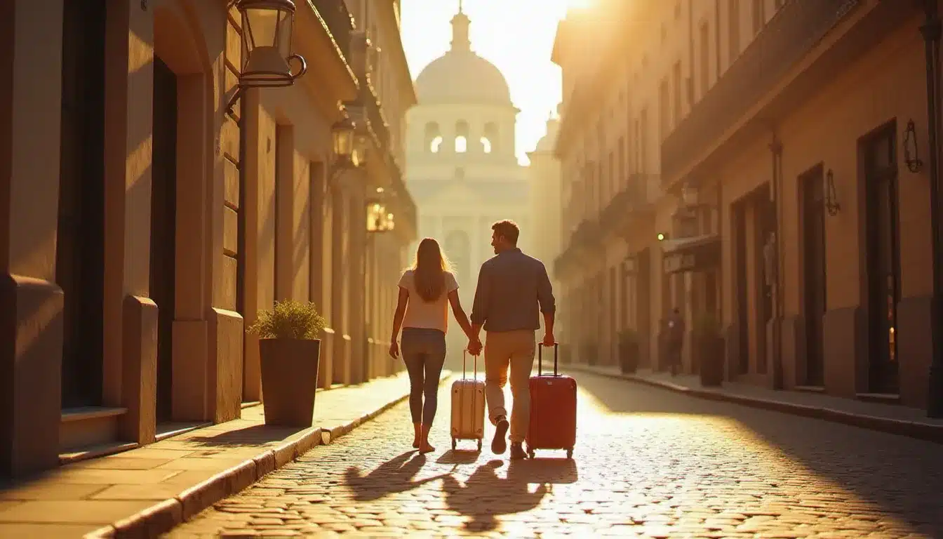 Couple de voyageurs avec bagages se dirigeant vers un hôtel de ville français sur une rue pavée ensoleillée, hôtel visible à proximité