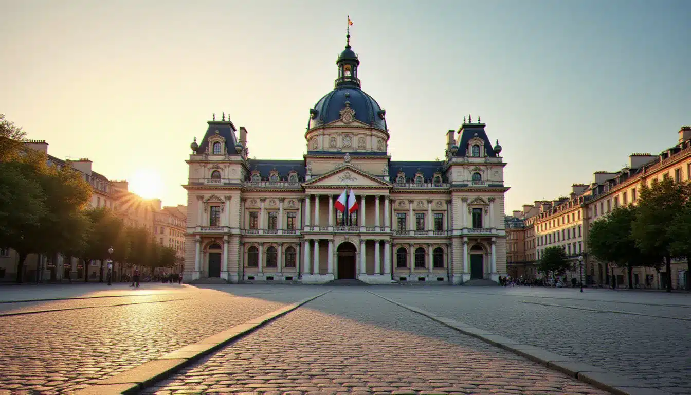 Façade d'un hôtel de ville français néoclassique à l'heure dorée, illustrant pourquoi hotel de ville est un repère central pour les voyageurs