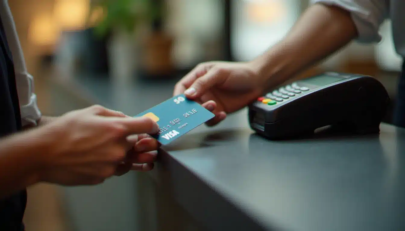 Carte bancaire présentée sur un terminal de paiement lors d'une pré-autorisation hôtelière à la réception
