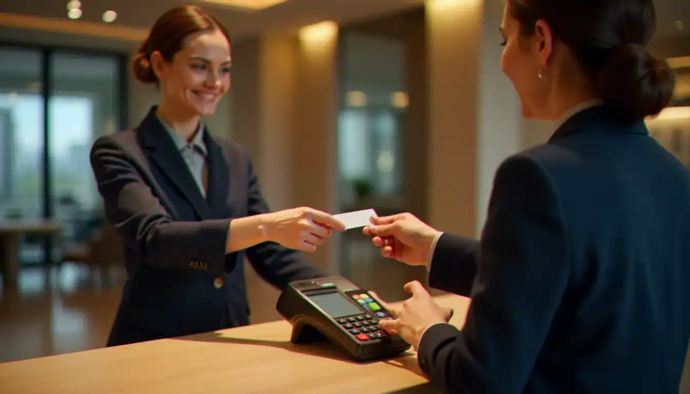 Réceptionniste d'hôtel présentant un terminal de paiement à un client lors du check-in, illustrant pourquoi l'hôtel demande une carte bleue