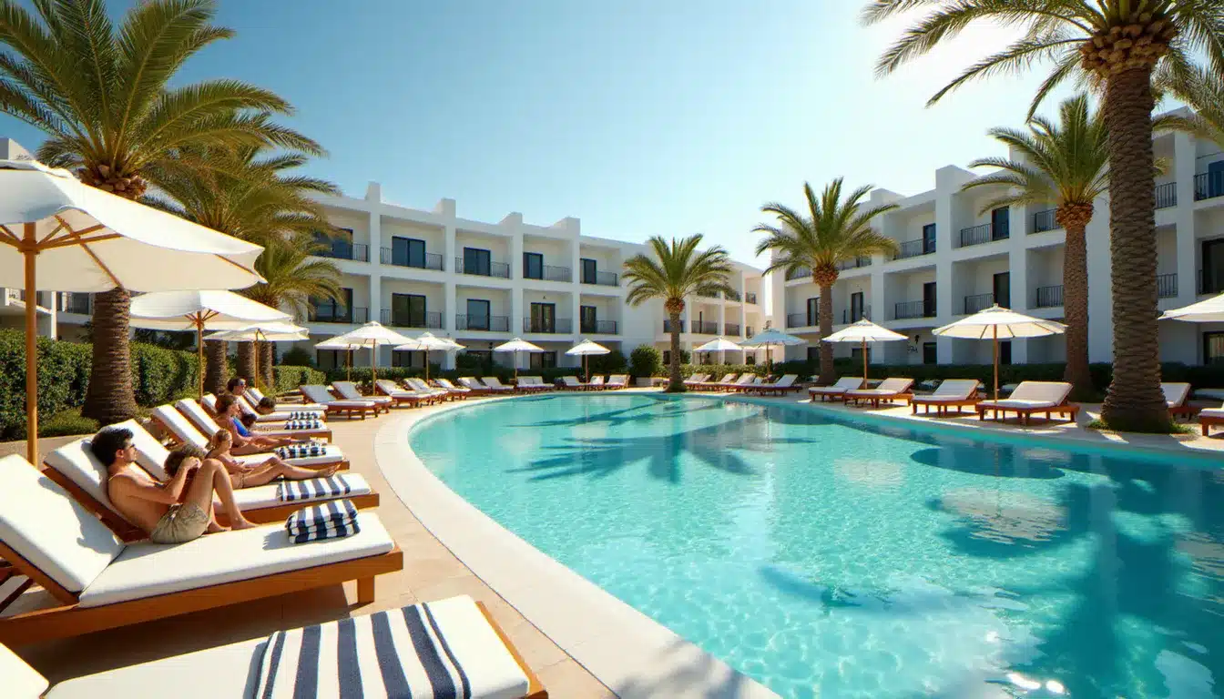 Piscine principale animée d'un resort tunisien avec familles installées sur des transats, ambiance estivale méditerranéenne