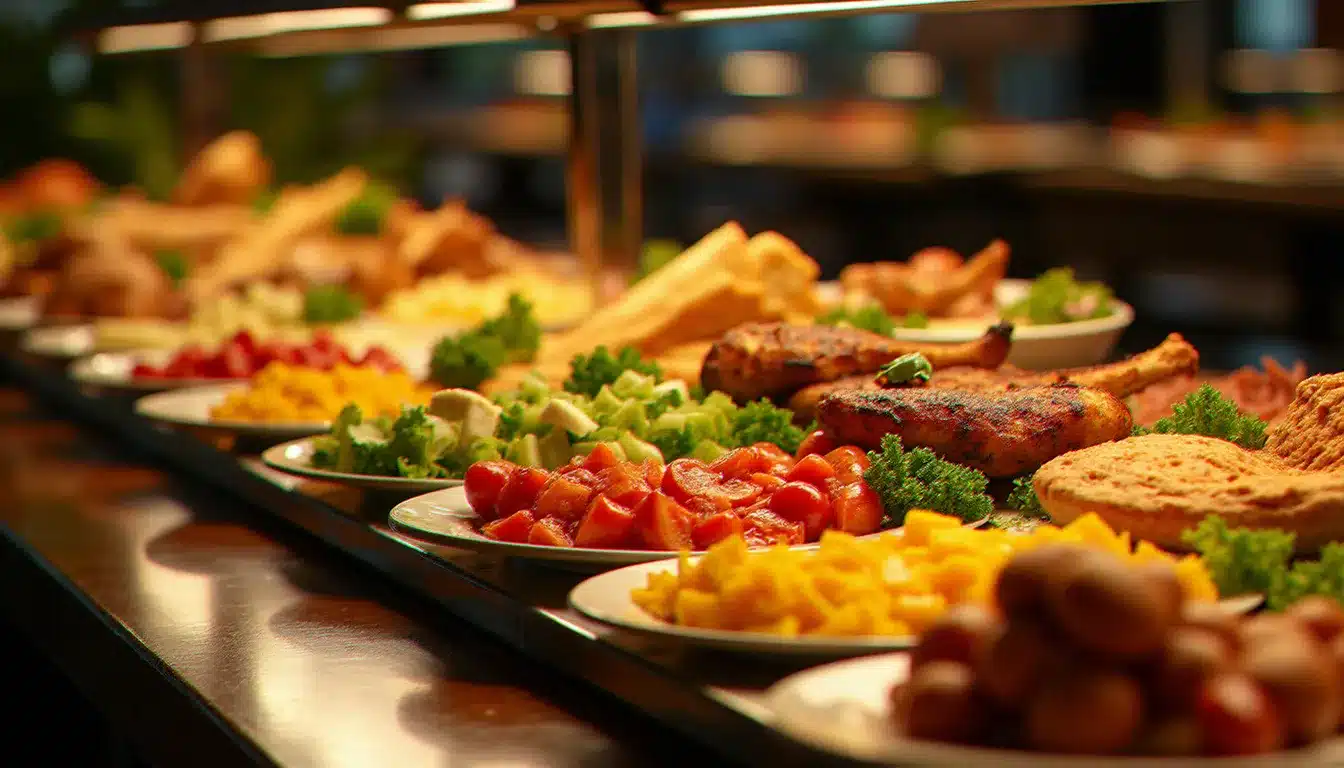 Buffet varié du restaurant principal d'un hôtel all-inclusive en Tunisie, avec spécialités tunisiennes et plats méditerranéens