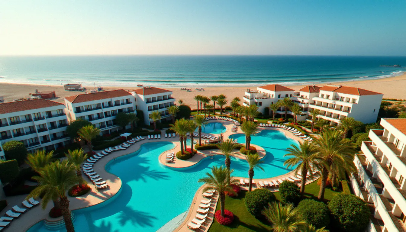 Vue aérienne de l'hôtel Laico Hammamet avec accès direct à la plage et piscines, illustrant l'avis hotel Laico Hammamet