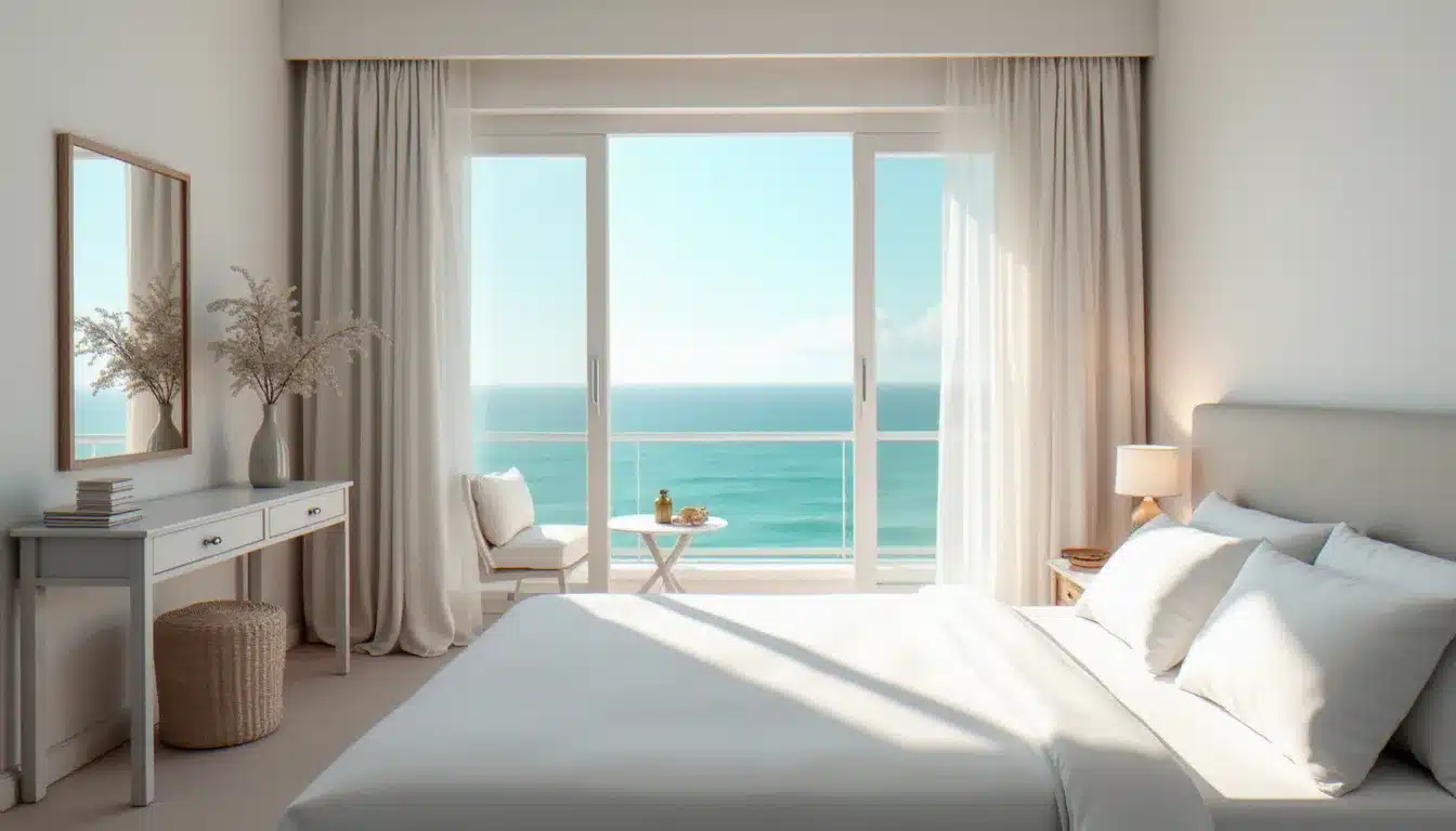 Chambre d'hôtel avec balcon vue mer à Hammamet, literie blanche et lumière naturelle méditerranéenne