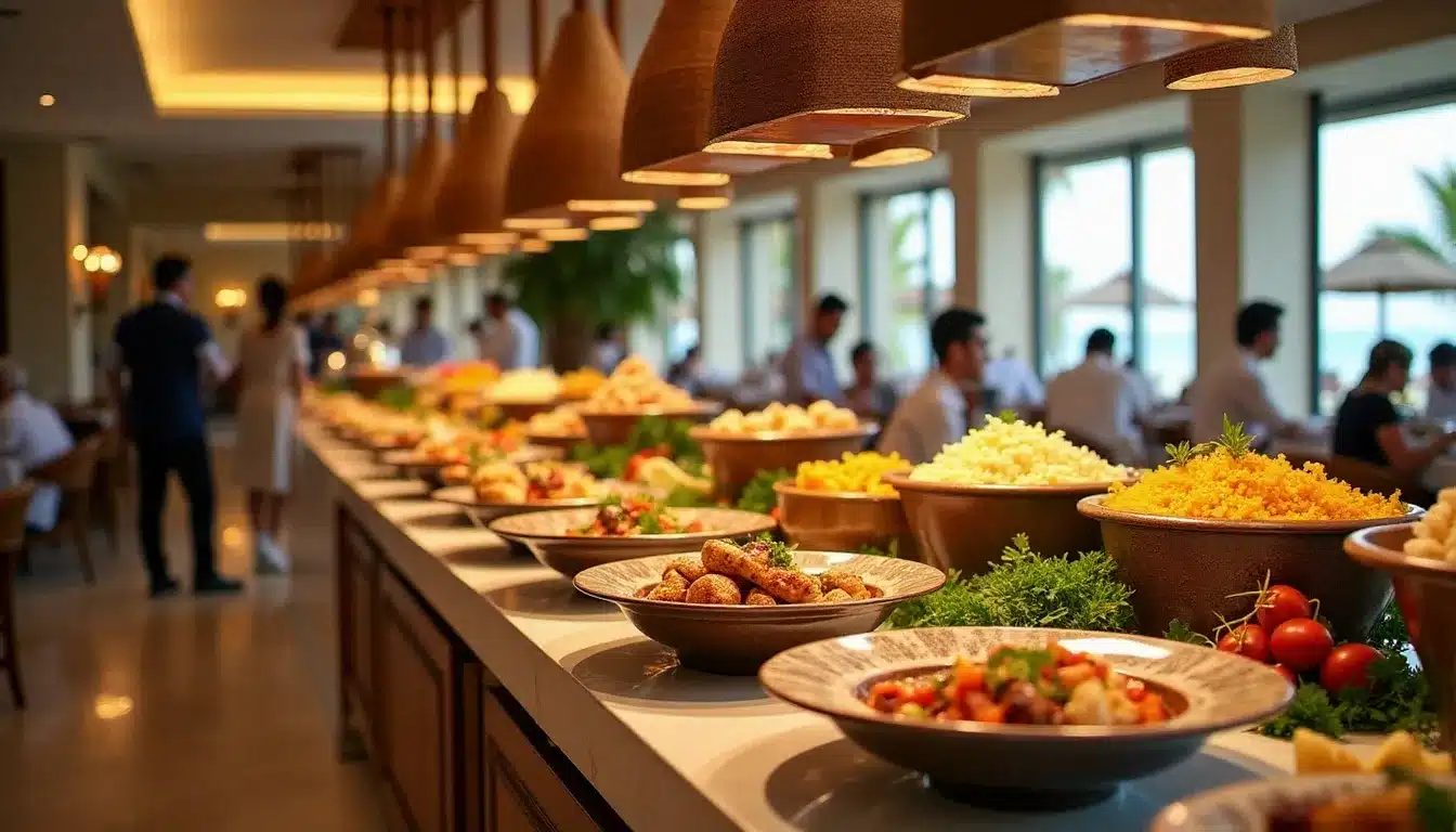 Buffet all inclusive dans un hôtel balnéaire tunisien avec spécialités locales et cuisine internationale