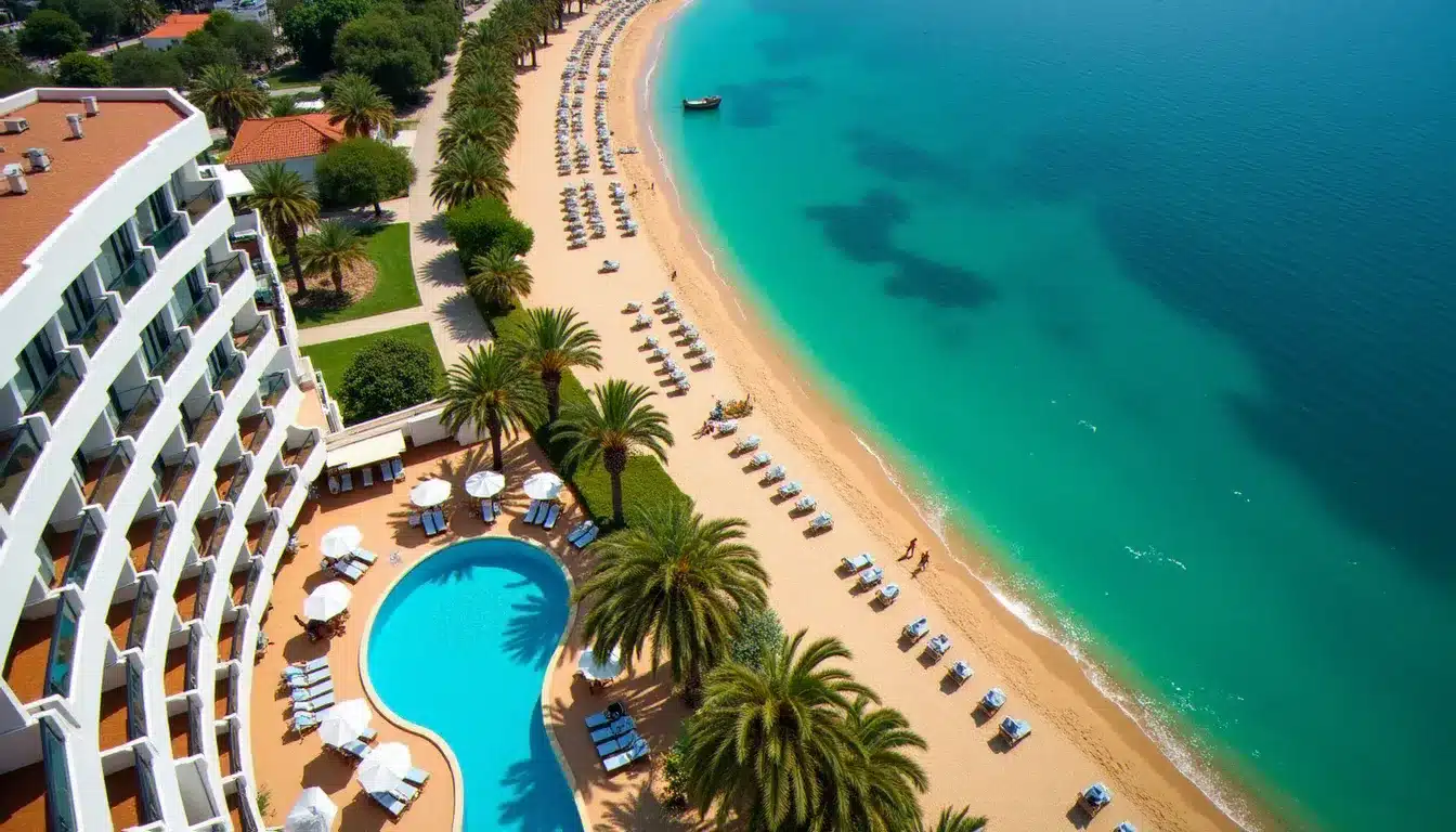 Vue aérienne de l'hôtel Nesrine à Hammamet avec accès direct à la plage de sable fin et piscine extérieure