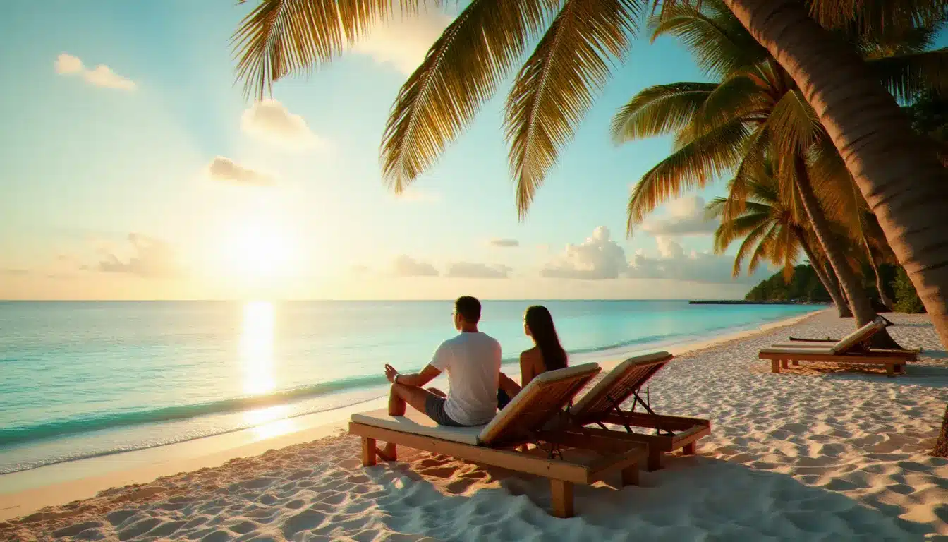 Couple sur des transats face à la mer turquoise d'une plage isolée des Caraïbes cubaines au coucher de soleil