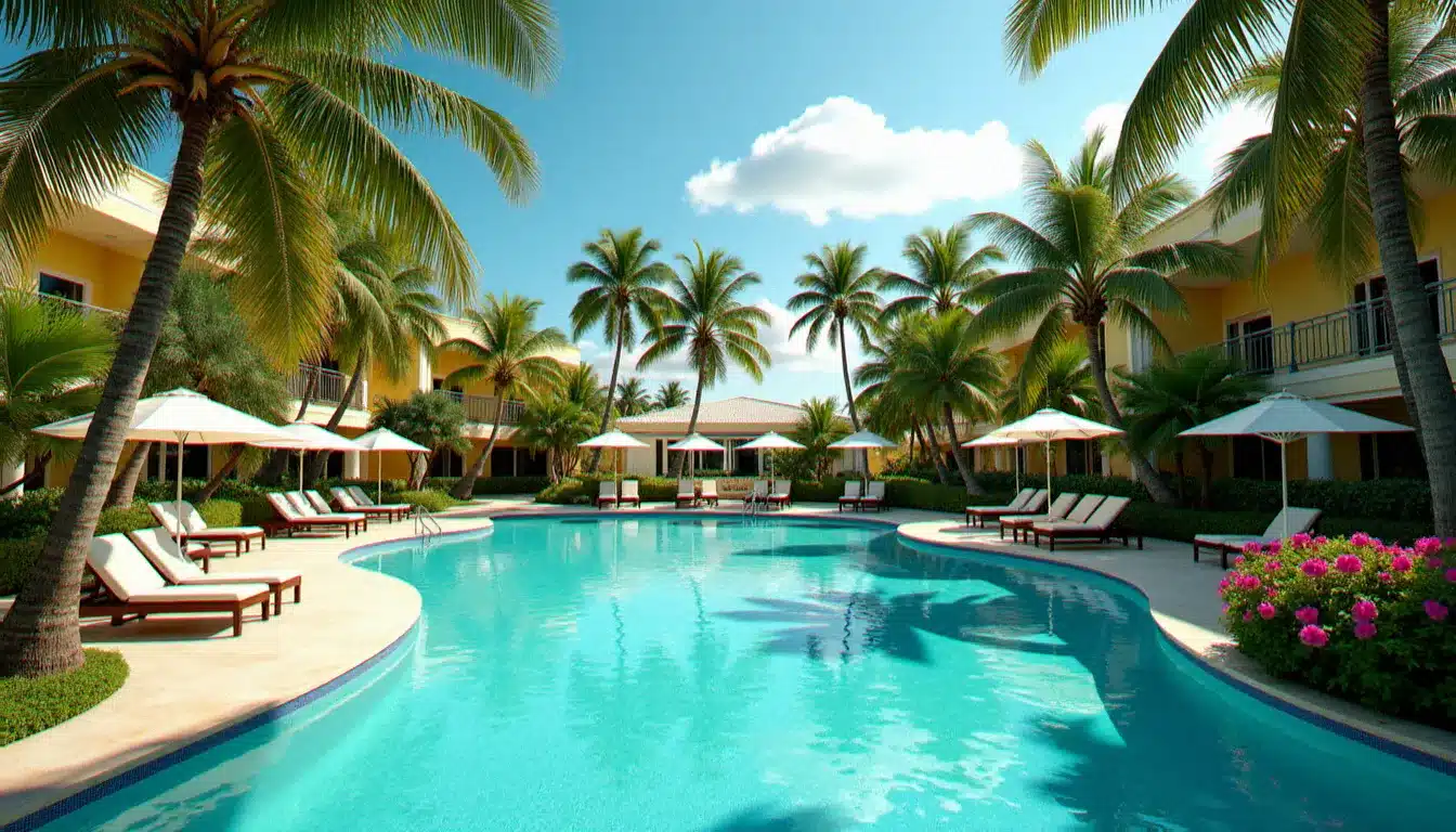 Piscine extérieure du Grand Aston Cayo Paredon Beach Resort entourée de palmiers tropicaux sous la lumière naturelle cubaine