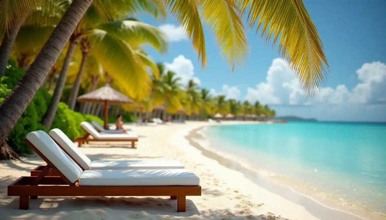 Plage de Playa Dorada au lever du matin avec transats sous les palmiers, illustrant les commentaires sur la plage de l'hotel VH Gran Ventana Puerto Plata