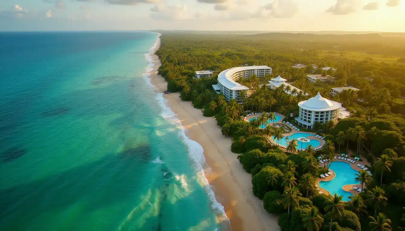 Vue aérienne de l'hôtel VH Gran Ventana à Puerto Plata avec sa plage de sable doré et ses jardins tropicaux, illustration des commentaires positifs sur le cadre de l'établissement