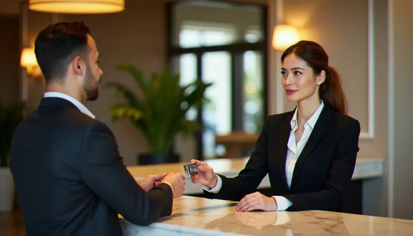 Réceptionniste d'hôtel remettant une clé à un client à la réception, illustrant les garanties que le général hôtel assure à ses clients
