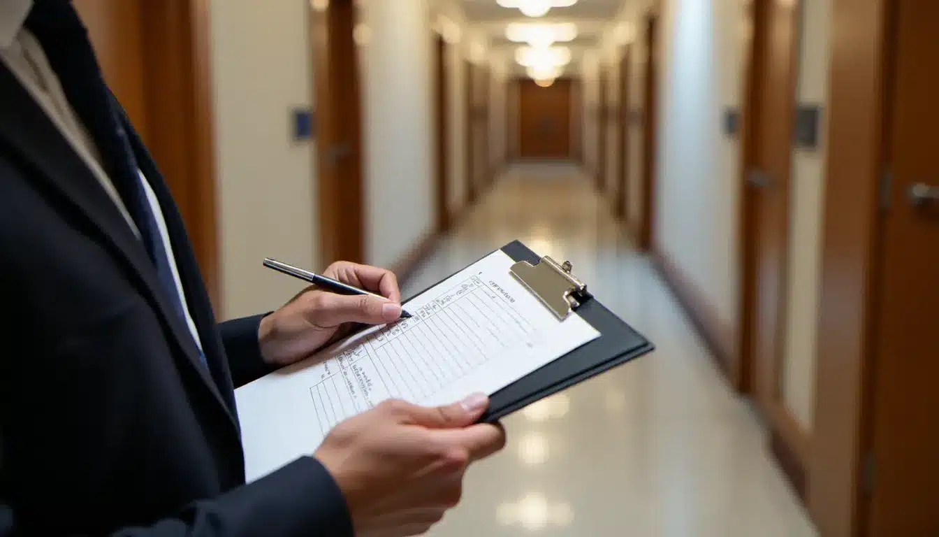Responsable hôtelier vérifiant une check-list d'entretien dans le couloir de l'établissement, contrôle qualité quotidien des chambres