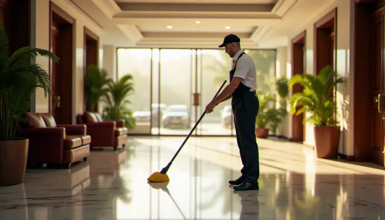 Agent d'entretien nettoyant le hall d'un hôtel en marbre, parties communes impeccables en début de matinée illustrant les standards d'entretien de l'établissement
