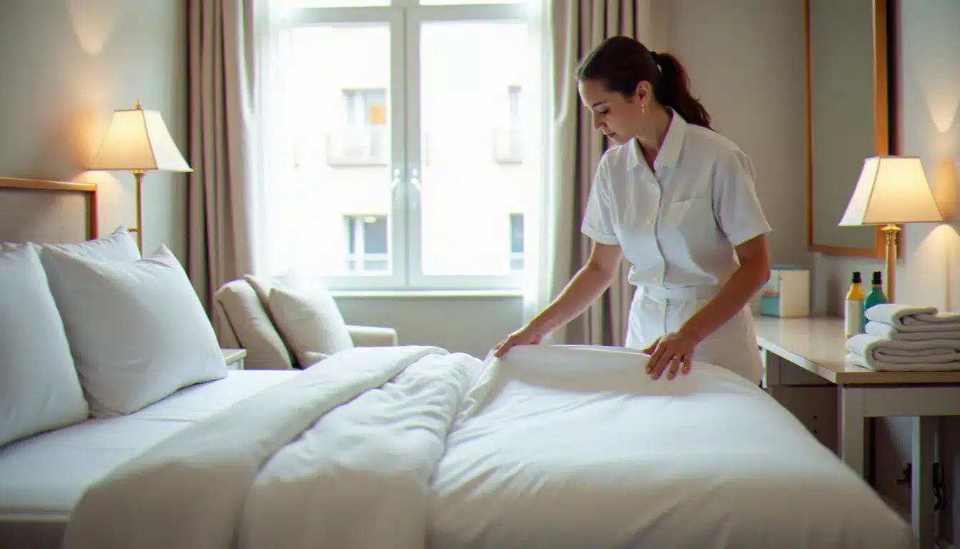 Femme de chambre professionnelle faisant le lit dans une chambre d'hôtel propre et lumineuse, illustrant l'entretien quotidien assuré par l'hôtel