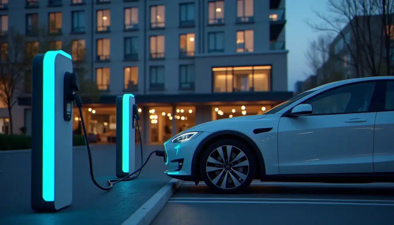 Parking d'un hôtel avec borne de recharge gratuite pour véhicule électrique, voiture branchée en soirée