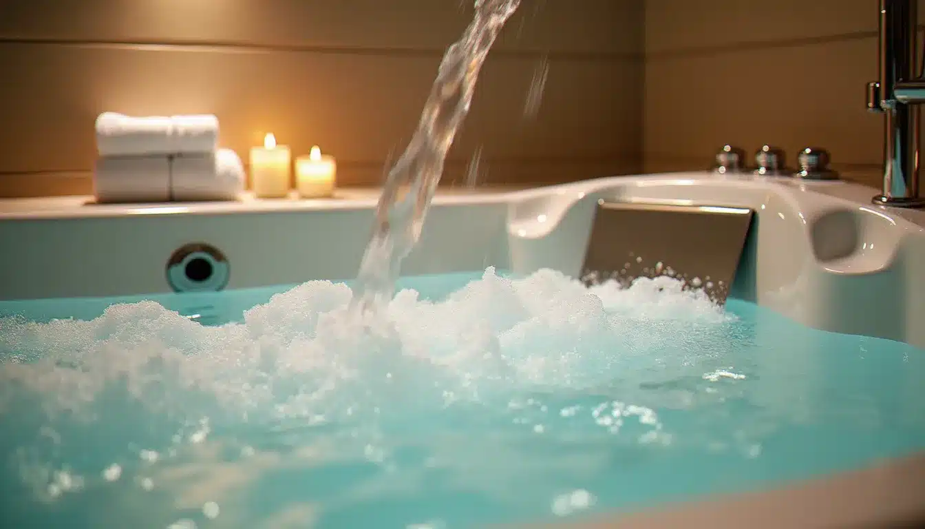 Gros plan sur les jets d'eau actifs d'un jacuzzi encastré dans une salle de bain d'hôtel moderne, avec robinetterie chromée et serviettes blanches disposées à côté