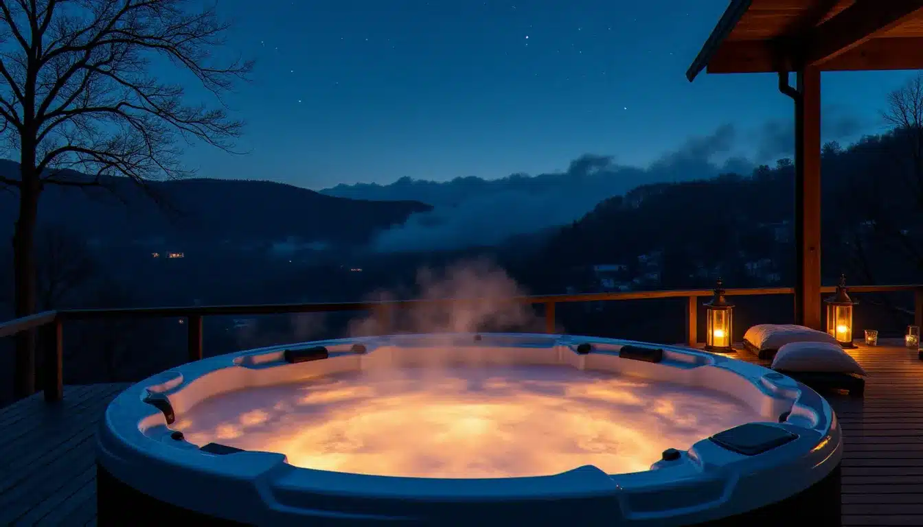 Jacuzzi extérieur privatif sur terrasse en bois d'un hôtel de charme en campagne française, vapeur s'échappant de l'eau chaude dans l'air froid hivernal avec vue sur les collines