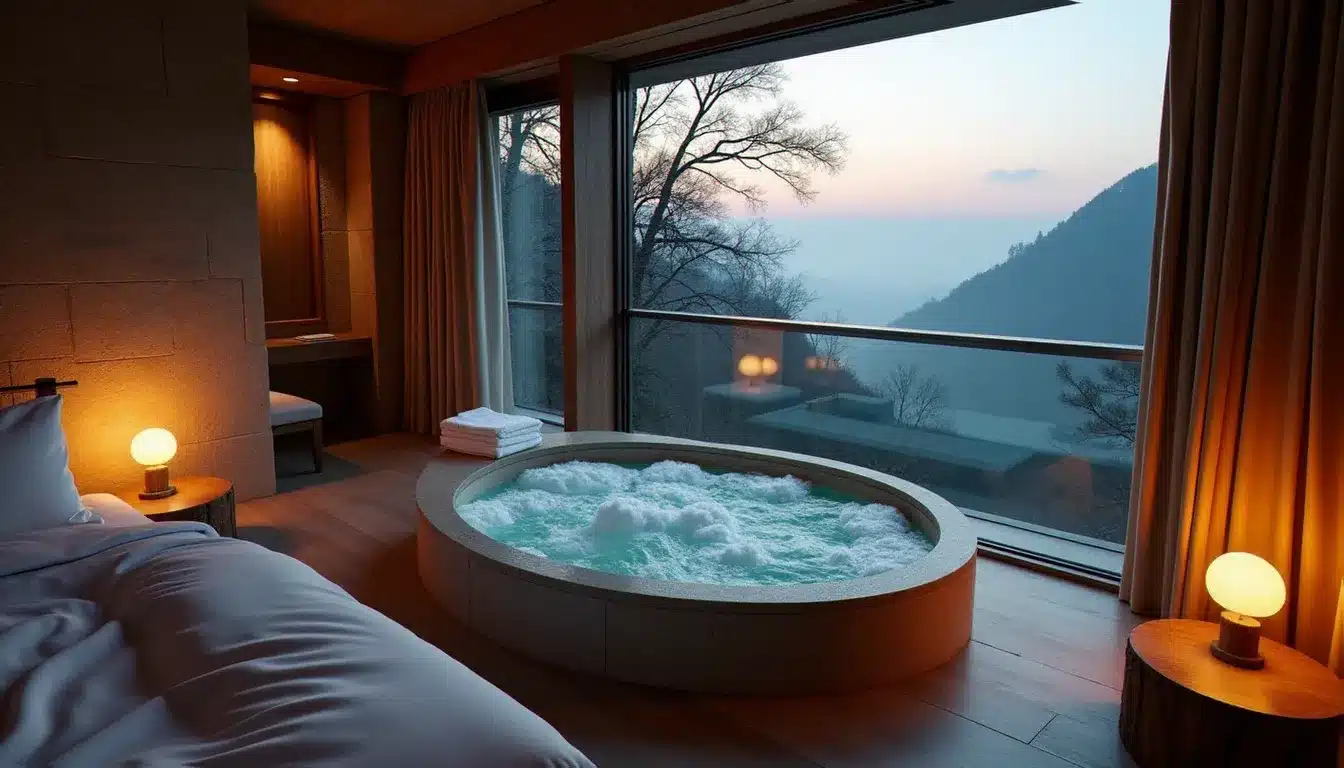 Chambre d'hôtel avec jacuzzi privatif bi-place installé près d'une grande fenêtre avec vue sur la nature, éclairage chaud et ambiance romantique