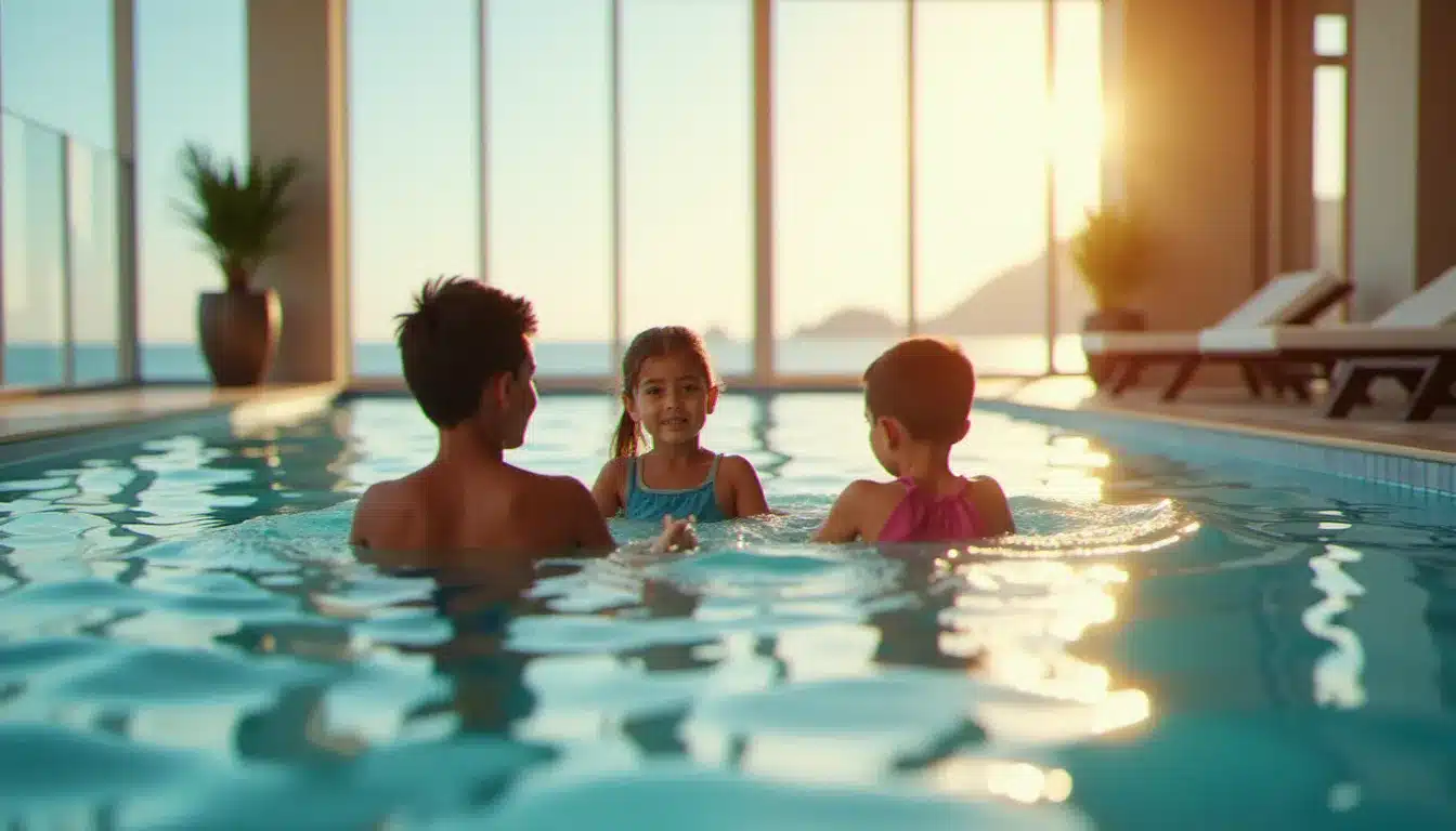 Famille profitant d'une piscine couverte d'hôtel balnéaire avec vue sur la mer, ambiance lumineuse et détendue