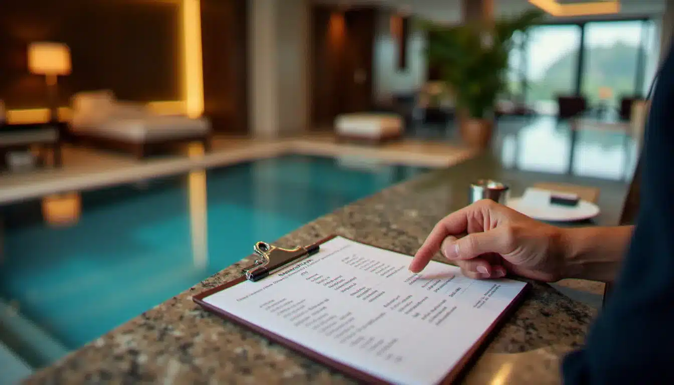 Réception d'un hôtel spa balnéaire avec documentation des tarifs et équipements de la piscine intérieure, ambiance professionnelle et rassurante