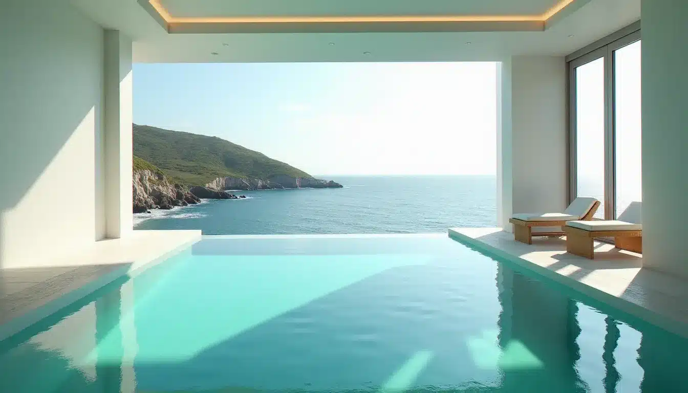 Piscine intérieure chauffée d'un hôtel avec piscine intérieure bord de mer, vue panoramique sur la mer Atlantique à travers une verrière