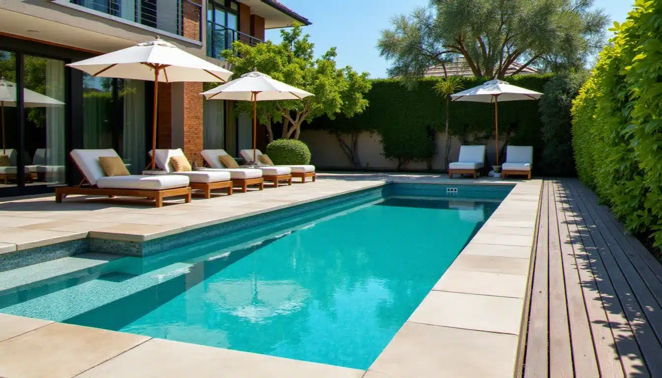 Comparaison de trois types de bassins privatifs en hôtel : plunge pool de terrasse, piscine de nage dans un jardin et jacuzzi extérieur en bois