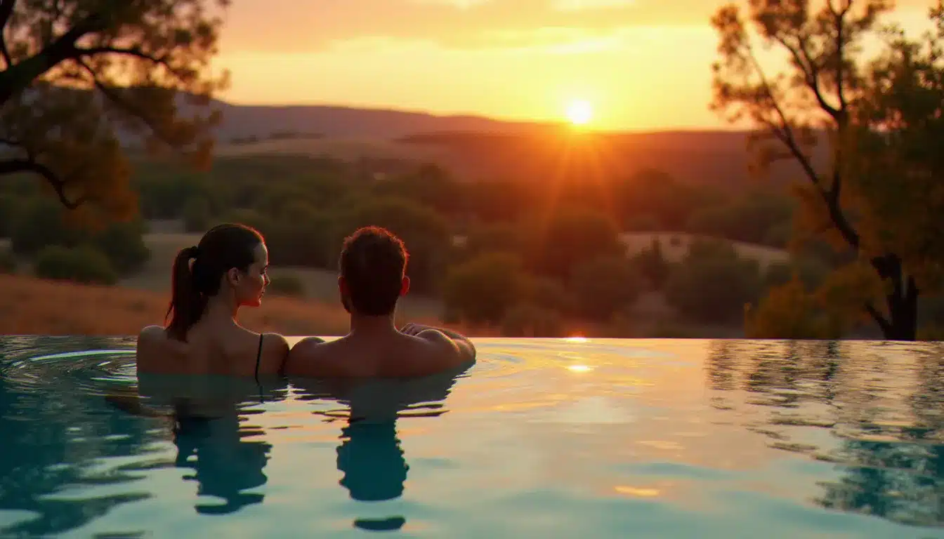 Piscine privée d'une villa hôtelière en Alentejo au Portugal au crépuscule, entourée de chênes-lièges et de collines dorées dans un cadre intimiste