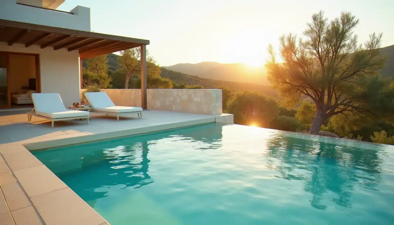 Terrasse d'une villa hôtelière avec piscine privée par chambre aux eaux turquoise, architecture blanche méditerranéenne et transats au bord du bassin