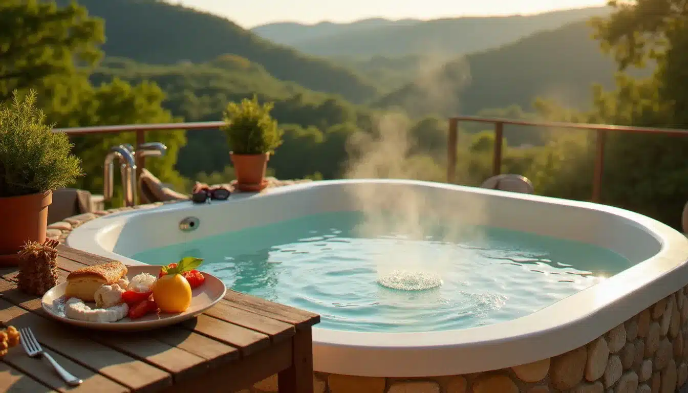 Petite piscine privative chauffée sur la terrasse en pierre d'un hôtel boutique en Dordogne, avec plateau petit-déjeuner au bord de l'eau au lever du soleil