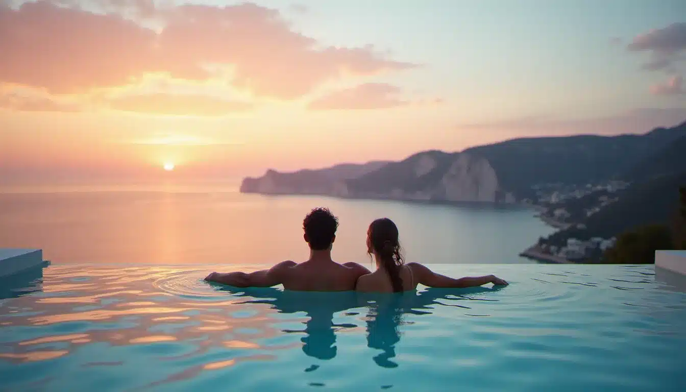 Piscine à débordement privative d'une suite d'hôtel cinq étoiles sur la Côte d'Azur au crépuscule, avec vue sur la Méditerranée et reflets dans l'eau