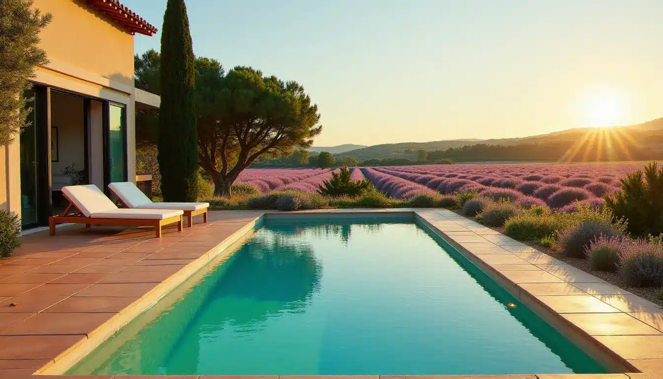 Terrasse d'une suite hôtelière en Provence avec piscine privée par chambre, entourée de champs de lavande sous une lumière dorée