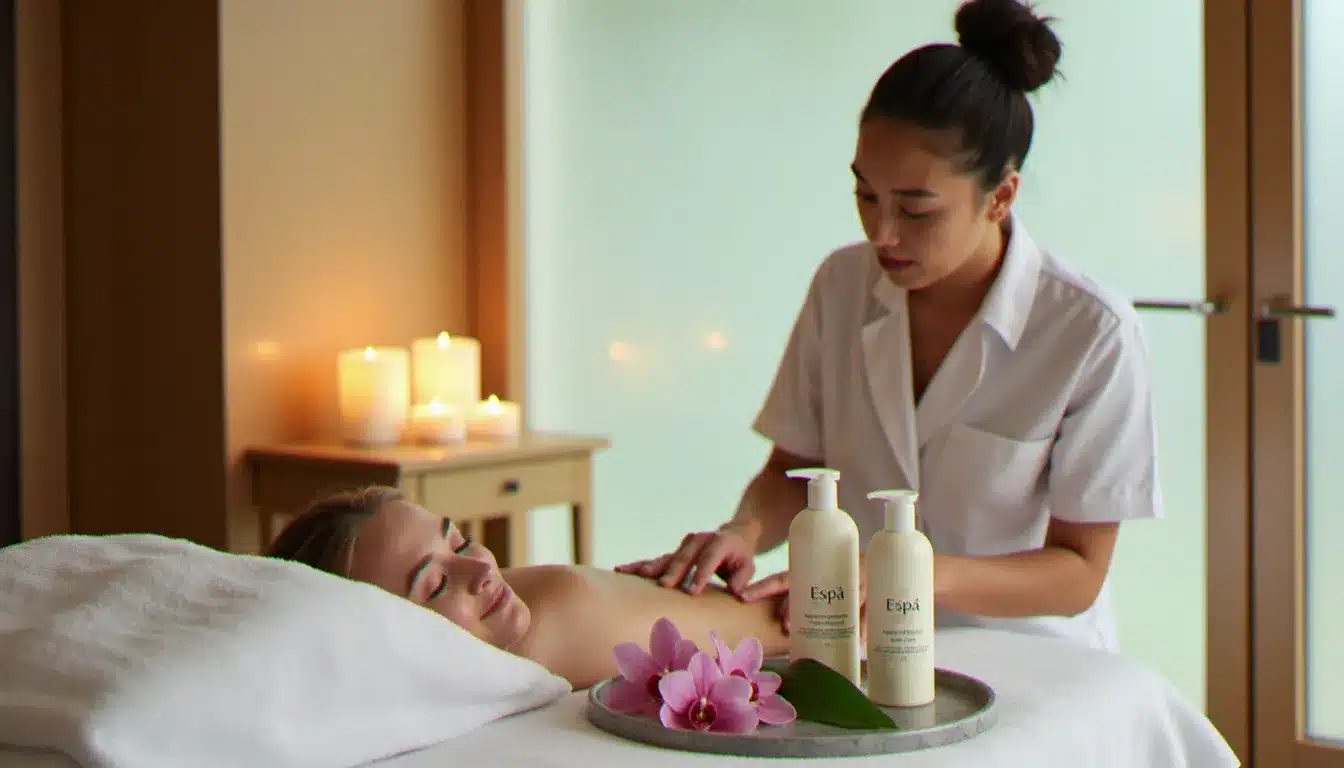 Cabine de soin d'un spa hôtelier haut de gamme avec table de massage, bougies allumées et produits de soin de qualité disposés sur un plateau en marbre