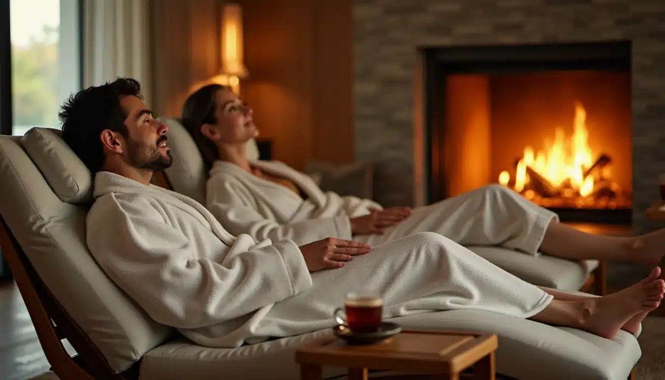 Couple en peignoirs blancs se relaxant dans l'espace détente d'un hôtel avec spa, allongés sur des fauteuils zéro gravité près d'une cheminée allumée