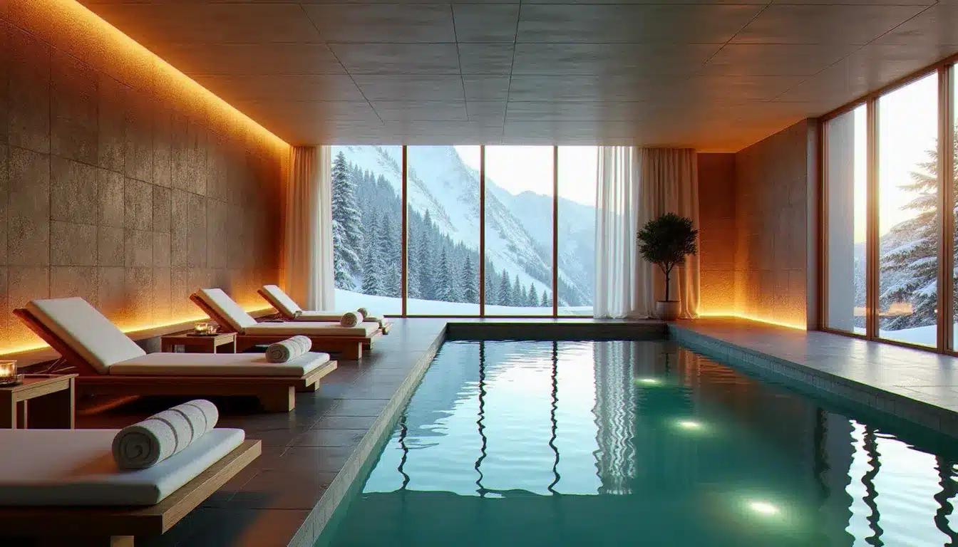 Piscine intérieure chauffée d'un hôtel avec spa en montagne, entourée de pierres naturelles et de bois, avec vue sur un paysage enneigé