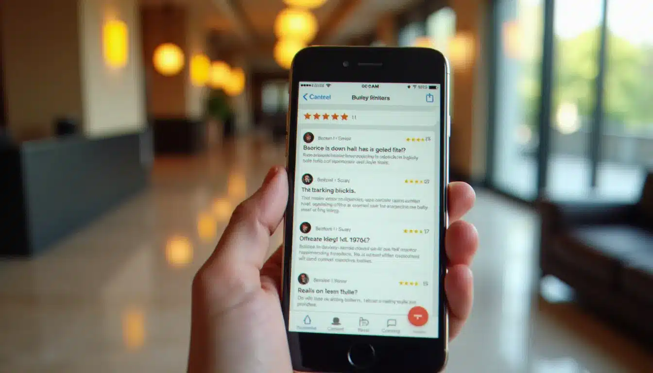 Main tenant un smartphone affichant une application d'avis hôtel avec notes et commentaires clients