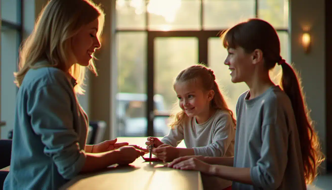 Famille avec enfants effectuant le check-in à la réception d'un hôtel moderne et lumineux