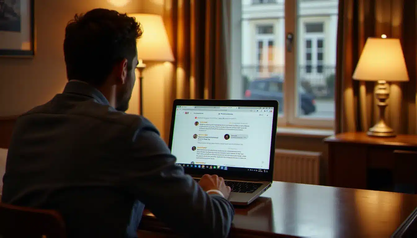 Voyageur consultant des avis hôtel sur son ordinateur portable dans une chambre d'hôtel européenne chaleureuse