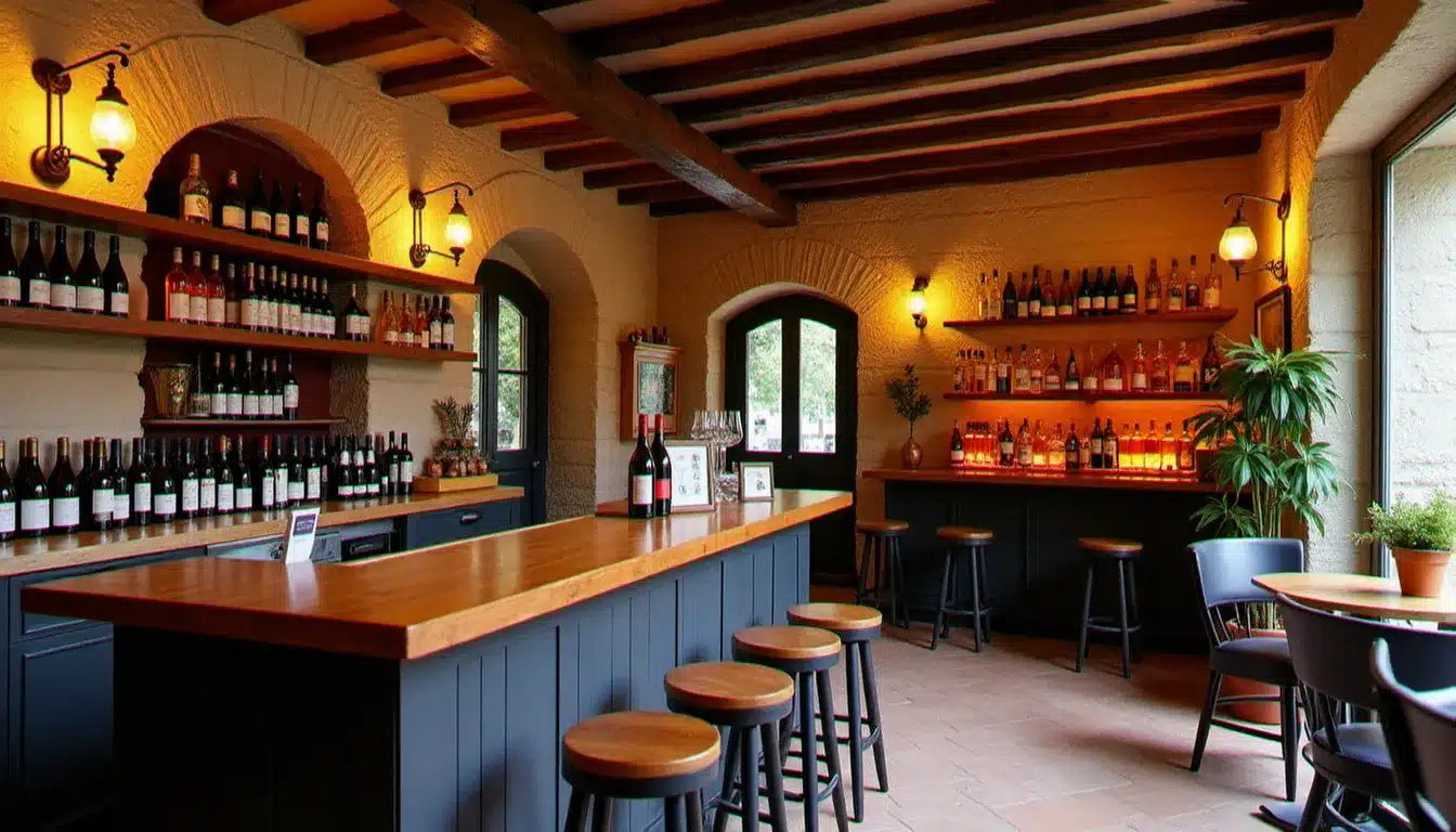 Intérieur du bar à vins avec sélection de rosés de Provence et bouteilles de Côtes de Provence sur étagères en pierre