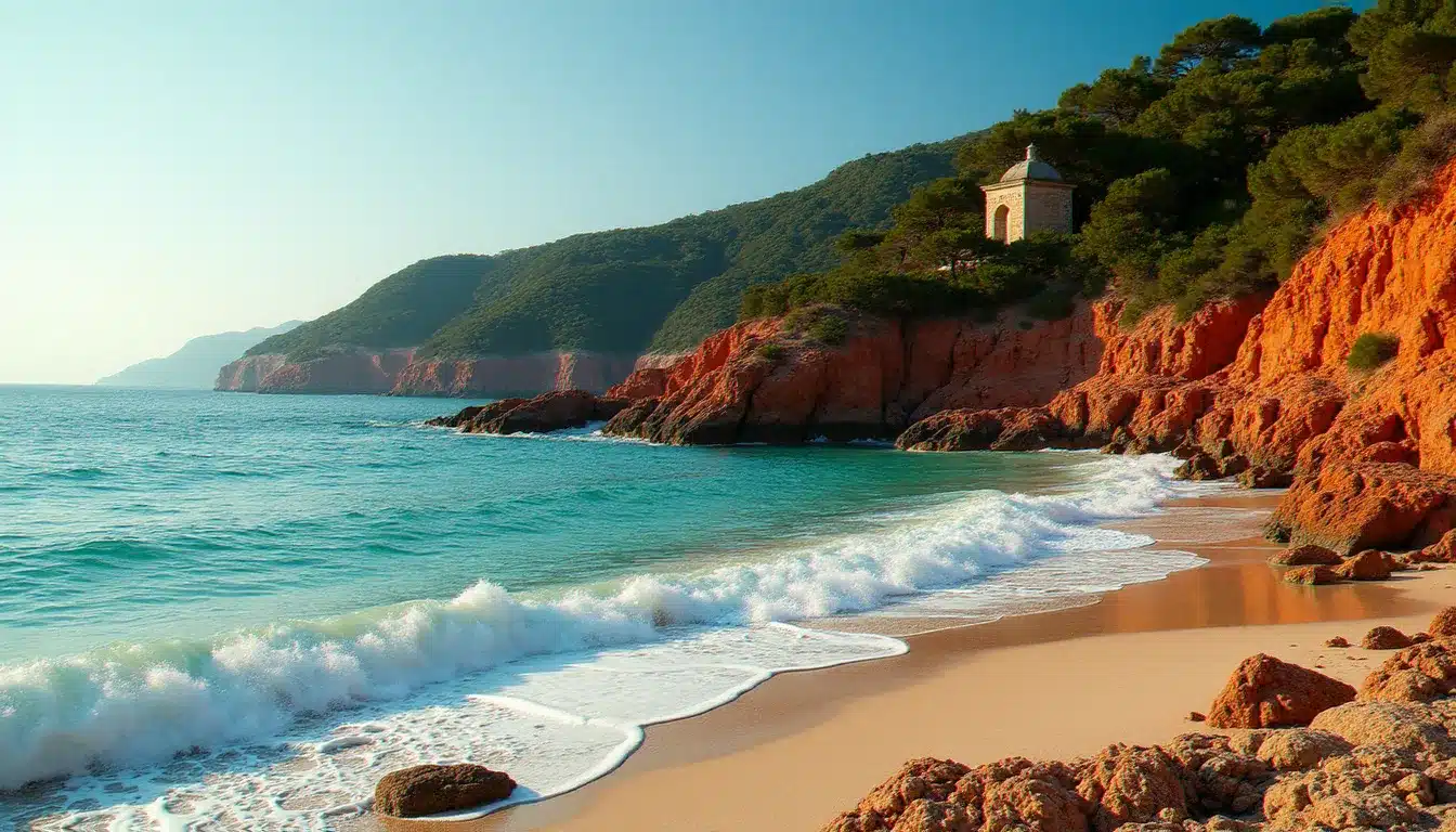 Plage du Débarquement du Dramont avec roches rouges de l'Estérel et eau turquoise, accessible à pied depuis l'hôtel Le Clos du Dramont