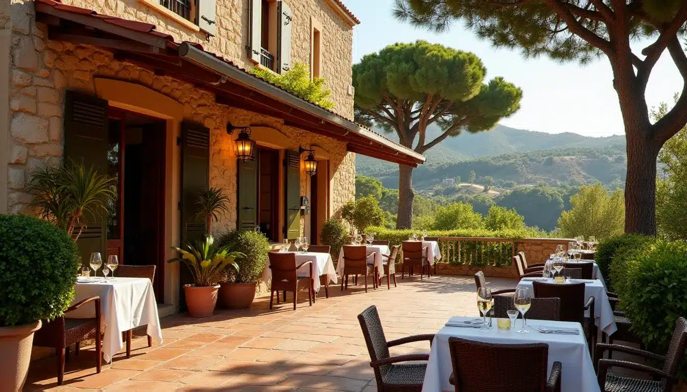 Terrasse du bar à vins de l'hôtel Le Clos du Dramont avec vue sur les roches rouges de l'Estérel et les pins maritimes