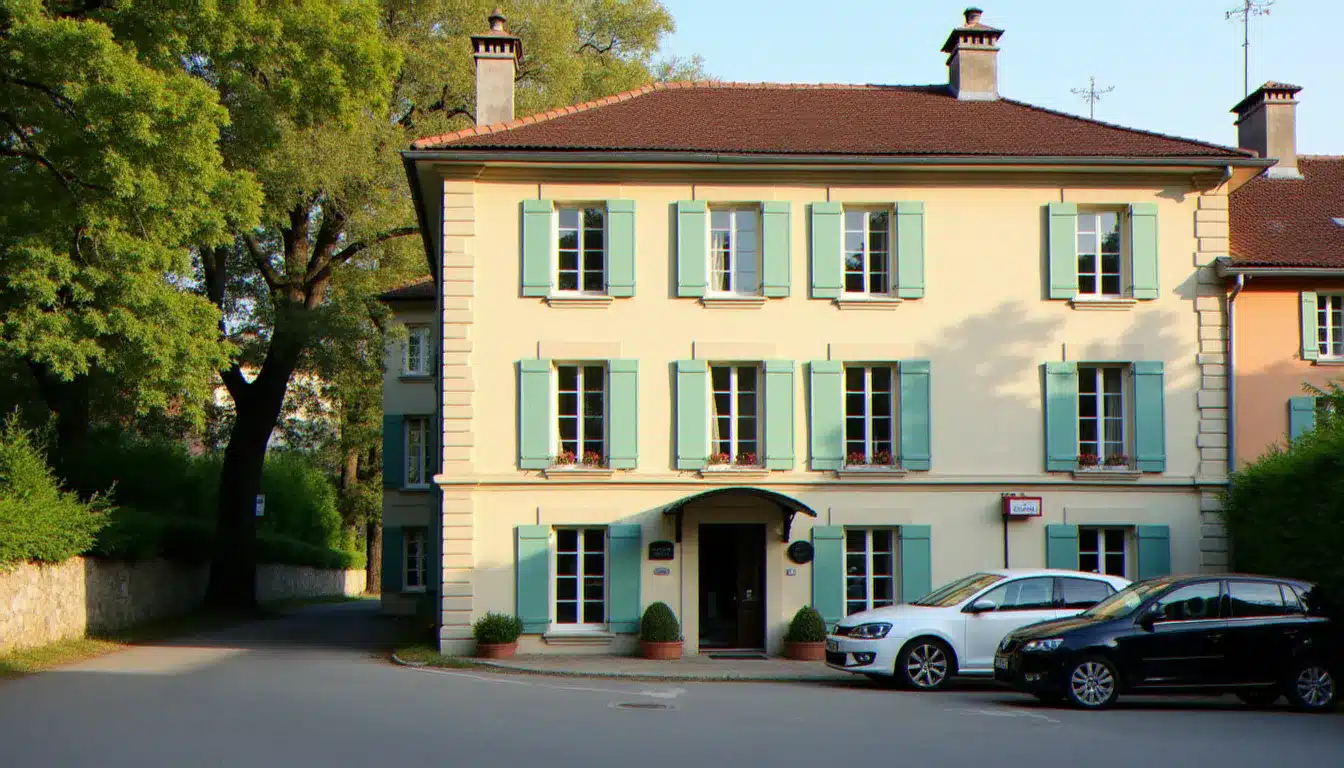 Façade d'un hôtel de type deux étoiles dans une commune de l'Allier proche de Commentry, avec parking et volets verts traditionnels