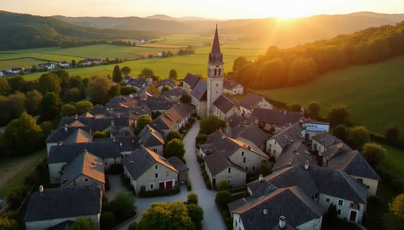 Vue aérienne de Commentry et ses alentours en Allier, illustrant le cadre pour choisir un hôtel à Commentry et alentours