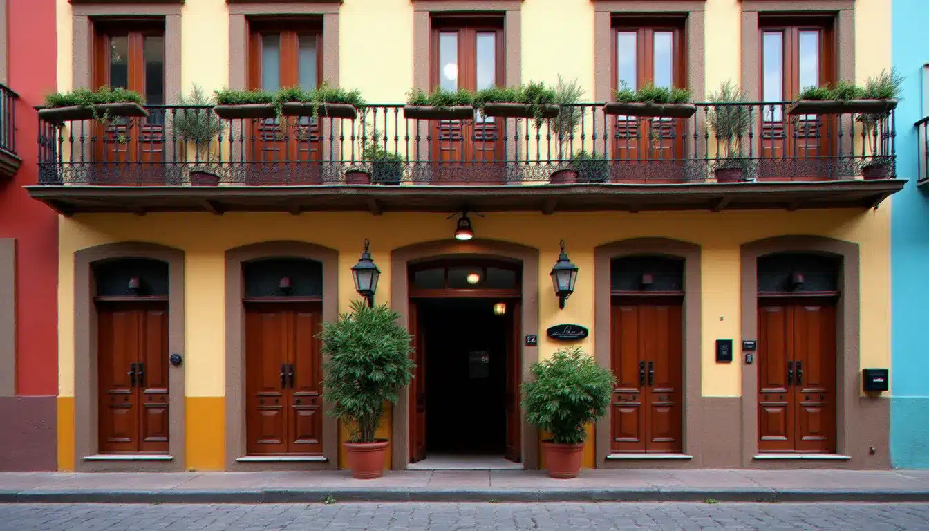 Façade d'un hôtel de catégorie intermédiaire dans le centre d'une ville coloniale mexicaine, avec balcons en fer forgé et rue pavée, type d'hébergement sûr à privilégier à San Juan de los Lagos
