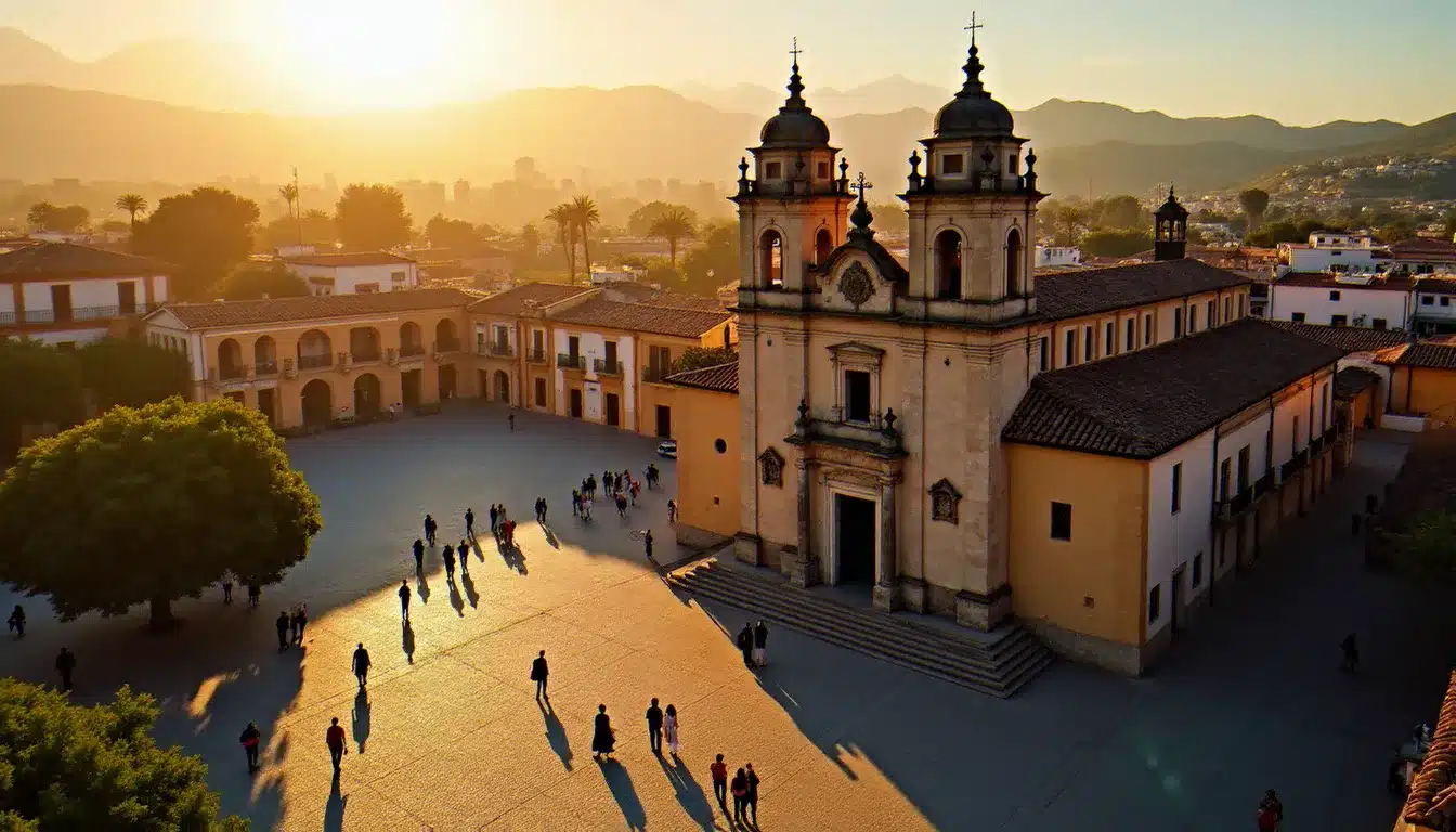 Vue aérienne de la Basilique de San Juan de los Lagos au coucher du soleil, avec des pèlerins sur la place principale, illustrant le contexte du séjour et de la question de l'hotel danger san juan de los lagos