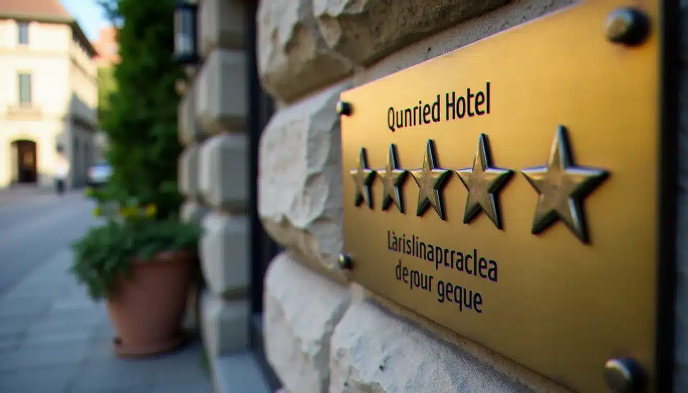 Plaque officielle de classement en étoiles d'un établissement hôtelier français, fixée à la façade en pierre