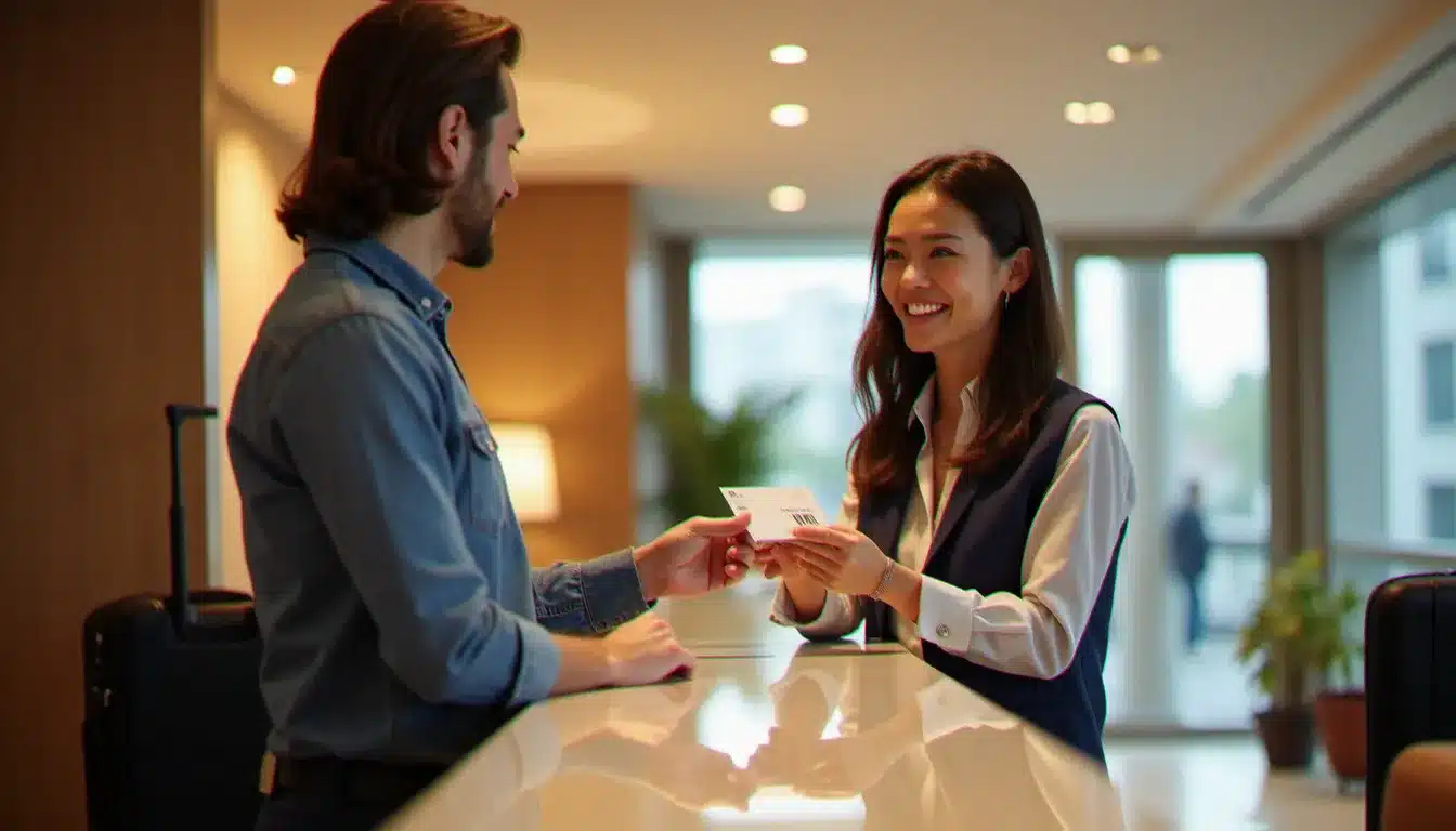 Réceptionniste d'un hôtel établissement remettant une carte-clé à un client lors du check-in, intérieur moderne et lumineux